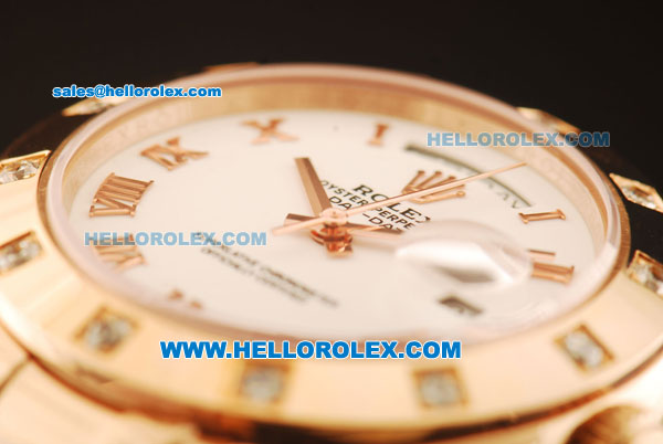 Rolex Day-Date Swiss ETA 2836 Automatic Rose Gold Case with Diamond Bezel and White Dial -Rose Gold Strap - Click Image to Close